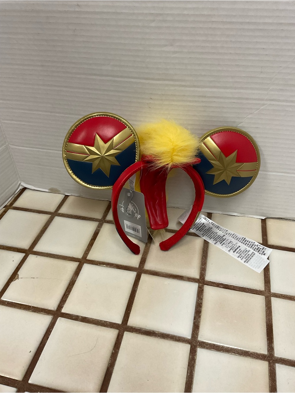Disney Captain Marvel Red and Blue Ear Headband with Yellow Puff
